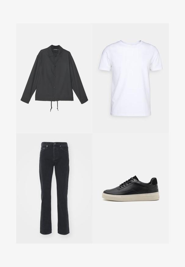 J.LINDEBERG CELIAN COACH OVERSHIRT - Leichte Jacke - black; Weißes T-Shirt mit kurzen Ärmeln aus Baumwollstoff und rundem Halsausschnitt. Schlichtes Design ohne Muster oder Akzente. Glatte Textur.; Schwarze Jeans aus Denim mit geradem Bein, ausgestattet mit fünf Taschen und einem Knopfverschluss. Der Stoff hat eine subtile Textur und eine robuste Verarbeitung.; Schwarzer Ledersneaker mit niedrigem Profil, ausgestattet mit einer cremefarbenen Gummisohle, runder Zehe und Schnürdesign, akzentuiert mit einer Ferse aus schwarzem Wildleder.