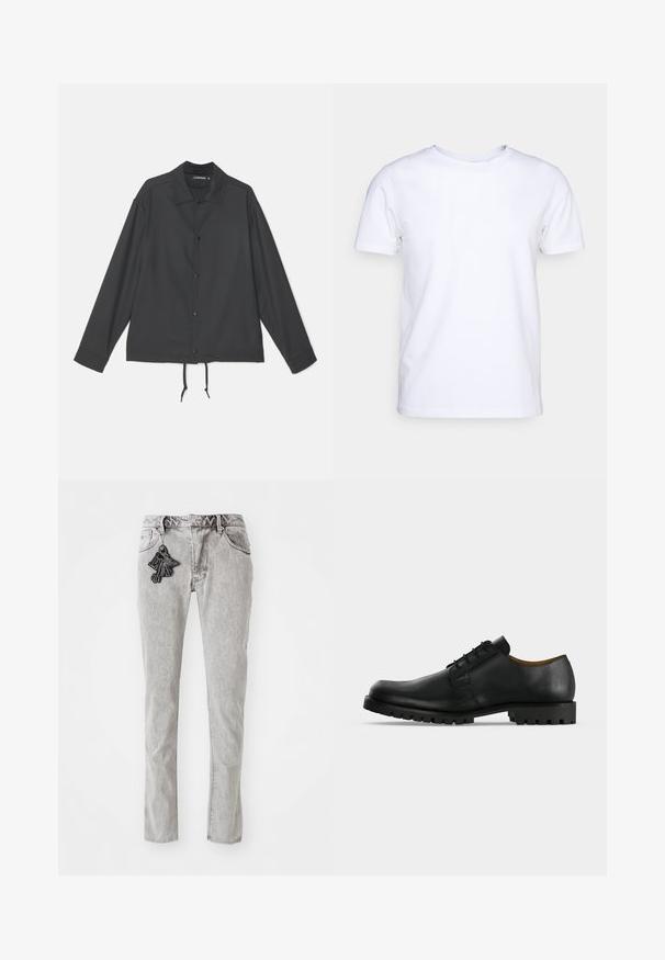 J.LINDEBERG CELIAN COACH OVERSHIRT - Lichte jas - black; Witte katoenen t-shirt met korte mouwen en een ronde hals. Eenvoudig ontwerp zonder patronen of accenten. Glad textuur.; Lichtgrijze rechte denim jeans met ritssluiting, vijf zakken en een decoratieve zwarte sleutelhangeraccent aan de voorkant.; Zwart leren veterschoen met een dikke, geribbelde zool en lage hak, afgebeeld op een witte achtergrond.