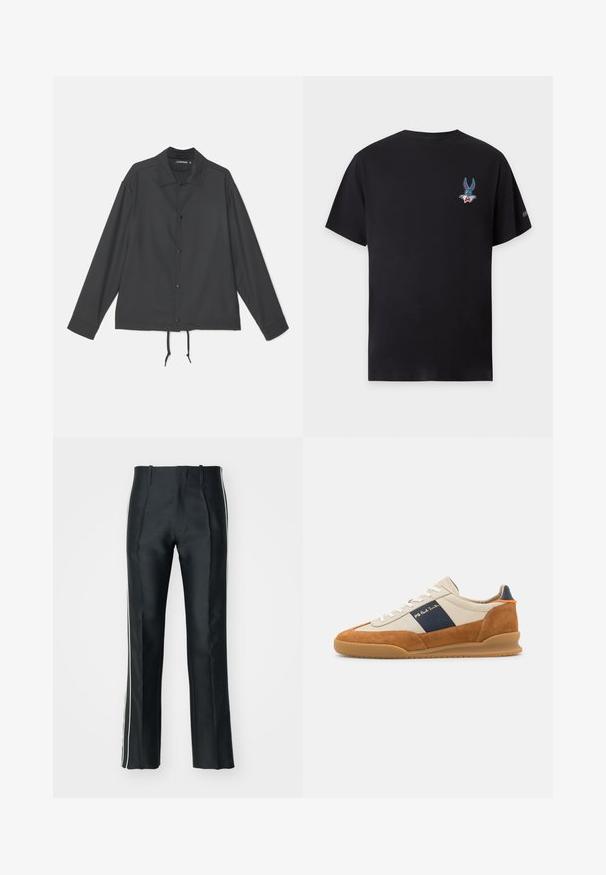 J.LINDEBERG CELIAN COACH OVERSHIRT - Lichte jas - black; Zwart T-shirt met korte mouwen met kleine kleurrijke Bugs Bunny-gezichtsgrafiek op de linkerborst en een klein logo op de rechtermouw.; Zwarte satijnen broek met een op maat gemaakte pasvorm, voorzien van witte zijstrepen. Ontworpen met een flared leg en voorplooien voor extra detail.; PS Paul Smith DOVER - Sneakers laag - cognac/off-white