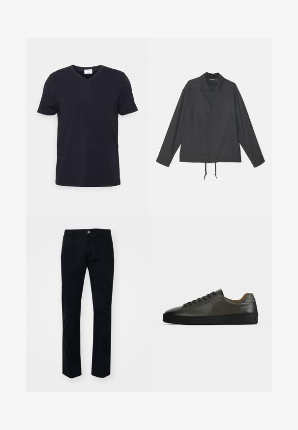 J.LINDEBERG CELIAN COACH OVERSHIRT - Lichte jas - black; Zwarte v-hals t-shirt van katoen, met korte mouwen en een ontspannen pasvorm. Eenvoudig ontwerp, geen patronen of extra accenten.; Zwarte rechte broek van katoen. Bevat een bevestiging met een knoop aan de voorkant, riemlussen en een gladde, matte textuur. Geen zichtbare patronen.; Donkergrijze leren lage sneaker met zwarte veters en zool, minimalistisch ontwerp, zijaanzicht op een effen lichte achtergrond.