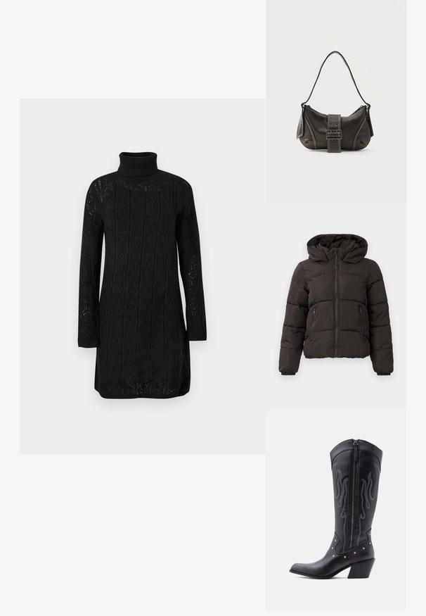 Veste d'hiver noire rembourrée avec fermeture éclair à l'avant, deux poches latérales zippées, poignets élastiques et capuche attachée.; Robe noire en tricot à manches longues avec col roulé, texture à motif et poignets côtelés, présentée sur un fond clair uni.; Bottes de cow-boy en cuir noir avec bout pointu, coutures apparentes, ornements à clous argentés et fermeture éclair sur le côté intérieur.; Sac à épaule en cuir noir avec une sangle à boucle, des bords arrondis et des coutures blanches contrastées sur un fond uni.