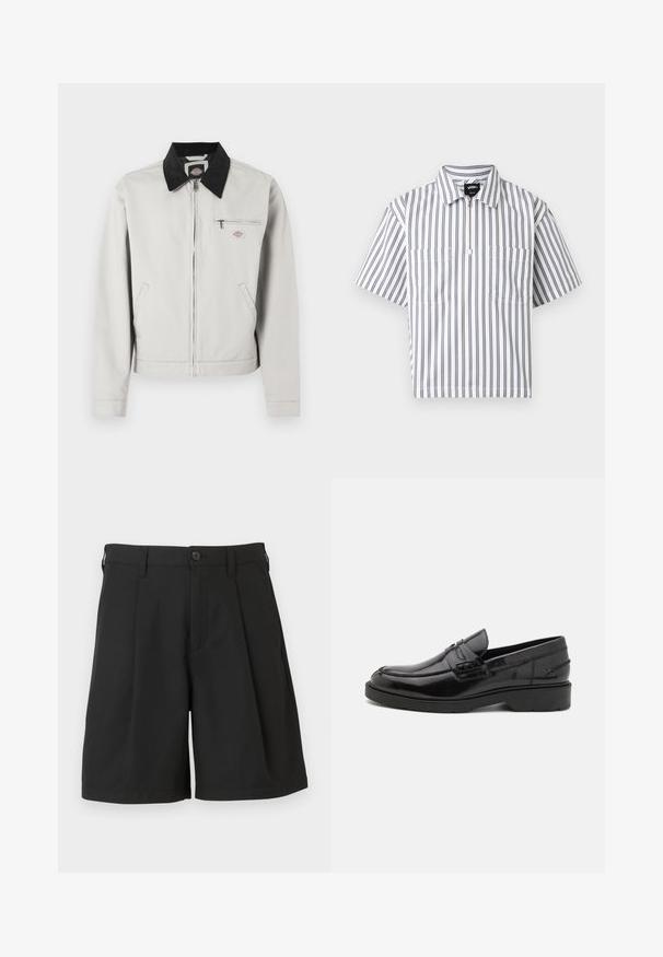 Veste à fermeture éclair gris clair avec col noir, deux poches latérales et une poche poitrine zippée ornée d'un petit patch logo.; Chemise blanche à manches courtes avec des rayures grises verticales, une fermeture éclair à l'avant, deux poches poitrine, et un col plié, présentée sur fond blanc.; Shorts noirs en tissu lisse, avec une coupe structurée, des plis à l'avant et une fermeture par un bouton unique à la taille.; Mocassins en cuir noir avec une finition lisse, un bout rond, un petit talon et descoutures décoratives à l'avant. Semelle en caoutchouc pour l'adhérence.