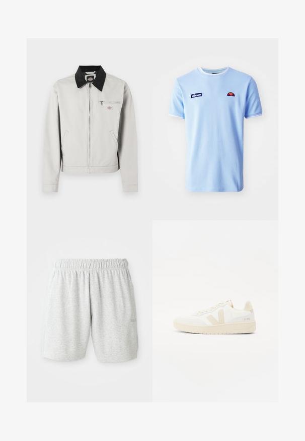 Lysegrå lynlåstrøje med sort krave, to sidelommer og en lynlåslomme på brystet med et lille logopatch.; Ellesse BELVIDER TEE - T-shirts print - light blue; Grå bomuldsbukser med elastisk talje, der har en glat tekstur og sidelommer. Diskret logodetalje ved kanten.; Hvide sneakers med beige accenter, der har en tekstureret overdel, rund tå og en tykk gummisål. Designet inkluderer det ikoniske V-logo og branding.