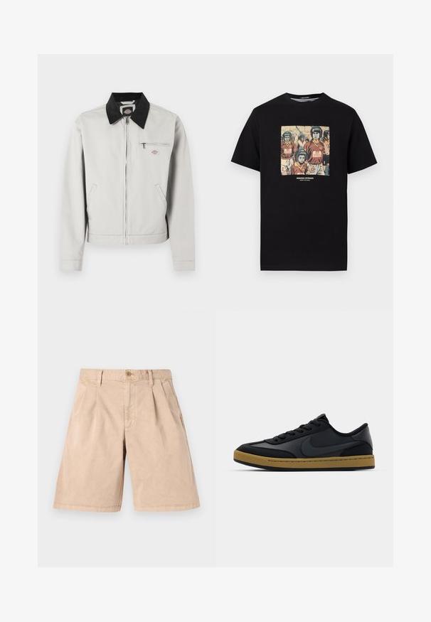 Veste à fermeture éclair gris clair avec col noir, deux poches latérales et une poche poitrine zippée ornée d'un petit patch logo.; T-shirt noir avec un graphisme de joueurs de hurling portant des casques intitulés "Peace" et des maillots bordeaux portant l'inscription "Weekend Offender".; Shorts beiges en coton, au design droit, avec un devant plissé, des poches latérales et une fermeture à un bouton à la taille.; Baskets en cuir noir au design bas, fermeture à lacets, semelle en caoutchouc et accents couleur gomme. Présente un logo sur le côté et des matériaux texturés.