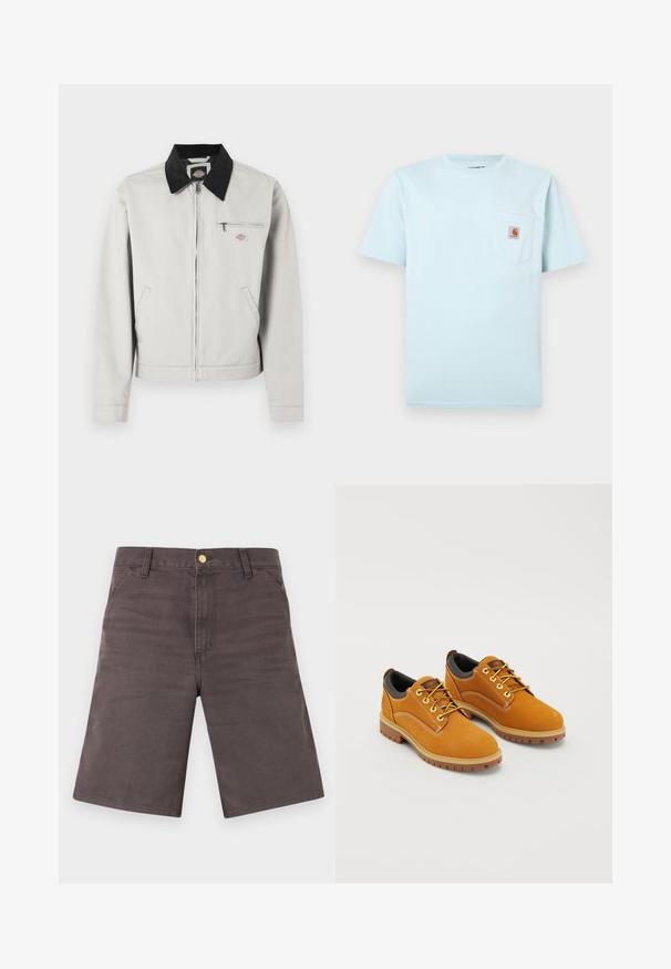Veste à fermeture éclair gris clair avec col noir, deux poches latérales et une poche poitrine zippée ornée d'un petit patch logo.; T-shirt bleu clair à manches courtes et col rond avec une poche poitrine ornée d'un petit patch logo Carhartt brun et orange.; Shorts gris foncé longueur genou avec poches avant, passants pour ceinture et fermeture à bouton métallique sur un fond clair.; Chaussures en daim marron avec un bout rond, des lacets jaunes, un col rembourré noir et des semelles en caoutchouc avec des rainures de traction.