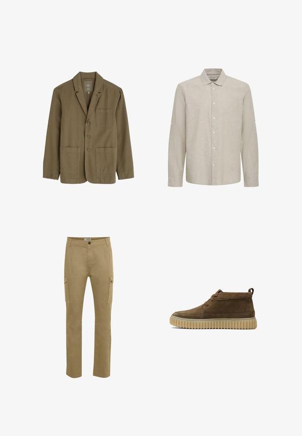 Olivegrüner Herrenblazer aus leichtem Stoff, mit Reverskragen, drei vorderen Knöpfen und zwei vorderen Taschen.; Blend BHABAN - Hemd - crockery; Beige Cargo-Hosen mit gerader Passform, aus robuster Baumwolle. Verfügt über seitliche Taschen, einen Knopfverschluss und verstärkte Kniebereiche.; Braune Wildleder-Stiefeletten mit runder Zehenform, minimalen Nähten und einer strukturierten, klobigen Gummisohle. Mit Schnürdesign und Fersenlasche.