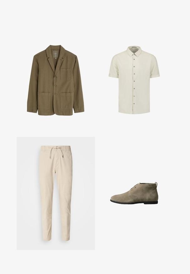 Olijfgroen herenblazer van een lichtgewicht stof, met een reverskraag, drie frontknopen en twee voorzakken.; Beige overhemd met korte mouwen, kraag, zeven zichtbare knopen en een rechte zoom, weergegeven op een effen witte achtergrond.; Lichtbeige broeken met een gladde stoftextuur, elastische tailleband en verstelkoord. Tapered model. Geen zichtbare patronen.; Beige suède enkellaarsje met zwarte zool, veters aan de voorkant en een trekkoord bij de hiel, gebrandmerkt met een klein Calvin Klein-logo vlak bij de kraag.
