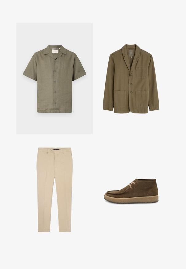 Olijfgroen herenblazer van een lichtgewicht stof, met een reverskraag, drie frontknopen en twee voorzakken.; Korte mouw shirt in olijfgroen linnen met een camp collar en zes bijpassende knopen aan de voorkant, met een relaxte pasvorm en gestructureerde stof.; Beige maatwerk broeken met een rechte pasvorm, uitgerust met een knoopsluiting, riemlussen en twee voorkruiszakken. Katoenen stof met een zachte textuur.; Bruine suède enkelboot met een ronde neus, beige veters en een licht zool. Beschikt over een gestructureerd oppervlak en een minimalistisch ontwerp.