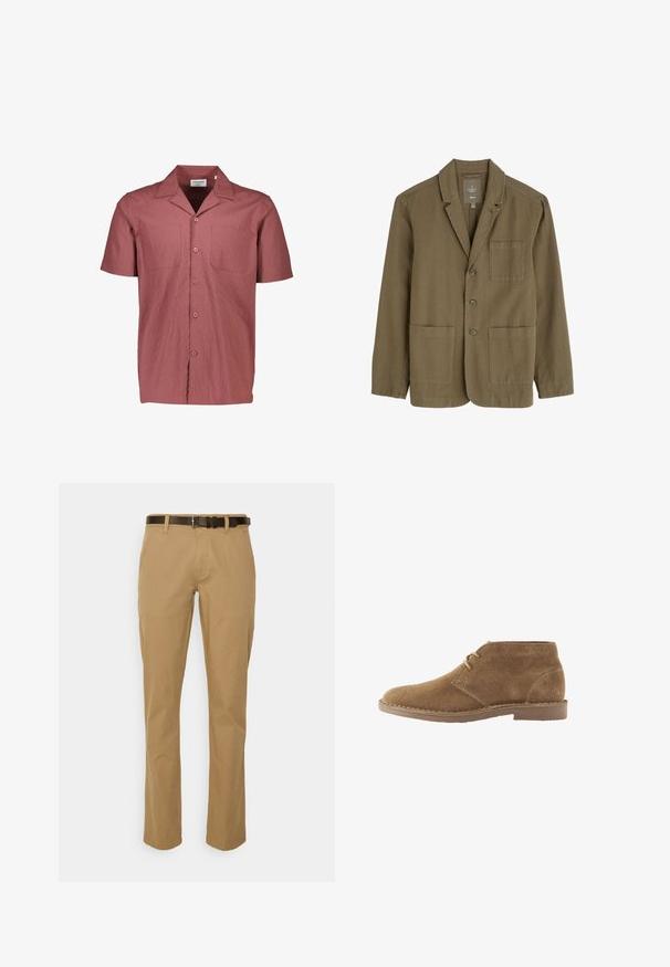 Blazer para hombre en verde oliva, confeccionado en una tela ligera, con cuello de muesca, tres botones delanteros y dos bolsillos frontales.; Camisa de manga corta, con cuello en color rojo rosa, de tejido texturizado con un ligero arrugado. Presenta dos bolsillos en el pecho y botones oscuros.; Pantalones de algodón beige con una silueta de pierna recta y un cinturón marrón oscuro. Presenta bolsillos frontales y un acabado de dobladillo limpio.; Zapato casual marrón de ante hasta el tobillo con dos ojales para cordones y suela cosida sobre fondo blanco, vista lateral.