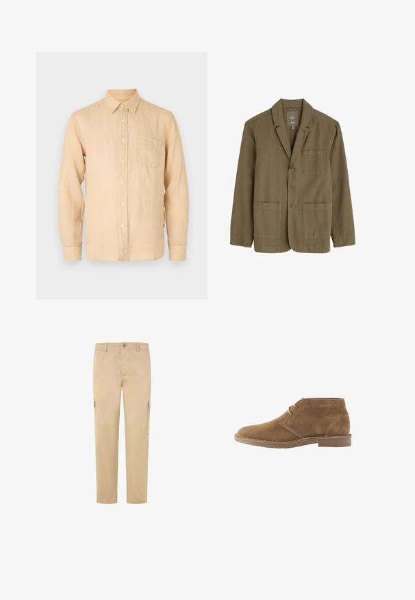 Oliven grøn herreblazer i let stof med krave, tre frontknapper og to frontlommer.; Beige langærmet skjorte i linned med knapkrave, frontlomme og en glat, let struktureret overflade. Klassisk pasform og enkelt design.; Beige cargo bukser lavet af bomuld, med lige ben, to sidelommer og en knaplukning i taljen. Glat tekstur.; Brun ruskind ankelhøj afslappet sko med to snørehuller og syet sål på hvid baggrund, set fra siden.