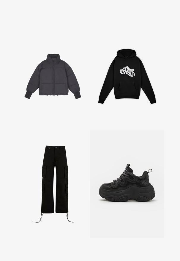 Sort pufferjakke med høj krave, lynlås i front og elastiske manchetter. Har struktureret quiltning og et cropped design.; Pegador PALUMA OVERSIZED HOODIE - Sweatshirt - black; Sorte cargo bukser med en afslappet pasform, der har cargolommer på siderne, snøre i kanten og en knaplukning i taljen.; Sorte sneakers med en chunky design, der har en tekstureret overdel, mesh-paneler og tyk gummisål. Reflekterende snørebånd og branddetaljer er synlige.