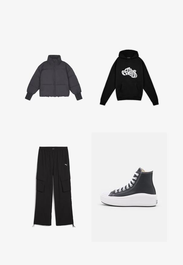 Sort pufferjakke med høj krave, lynlås i front og elastiske manchetter. Har struktureret quiltning og et cropped design.; Pegador PALUMA OVERSIZED HOODIE - Sweatshirt - black; Svarte cargo-bukser med bred ben-design, elastisk talje, to sidelommer og snoretræk ved kanten. Har et lille hvidt logo.; Sorte høje sneakers med hvide snørebånd og gummisål. Har en glat læderstruktur og hvide stikninger.