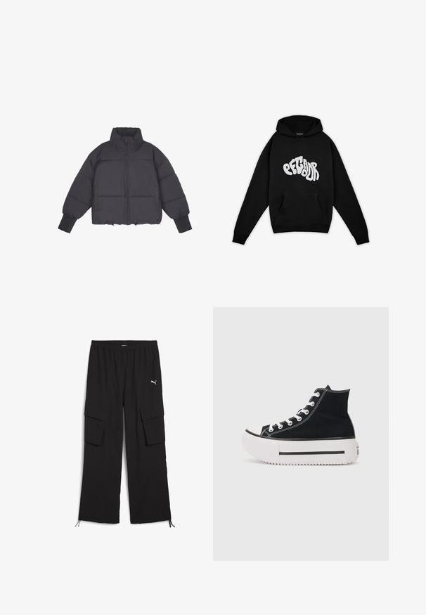 Čierna prešívaná bunda s vysokým golierom, predným zipsom a elastickými manžetami. Má štruktúrované prešívanie a skrátený strih.; Pegador PALUMA OVERSIZED HOODIE - Mikina - black; Čierne cargo nohavice s širokým strihom, elastickým pásom, dvoma bočnými vreckami a šnúrkami na okrajoch. Zdobené malým bielym logom.; Čierne vysoké tenisky vyrobené z plátna, s bielym šitím, gumenou špičkou, hrubou bielou platformou a čiernym pruhom.