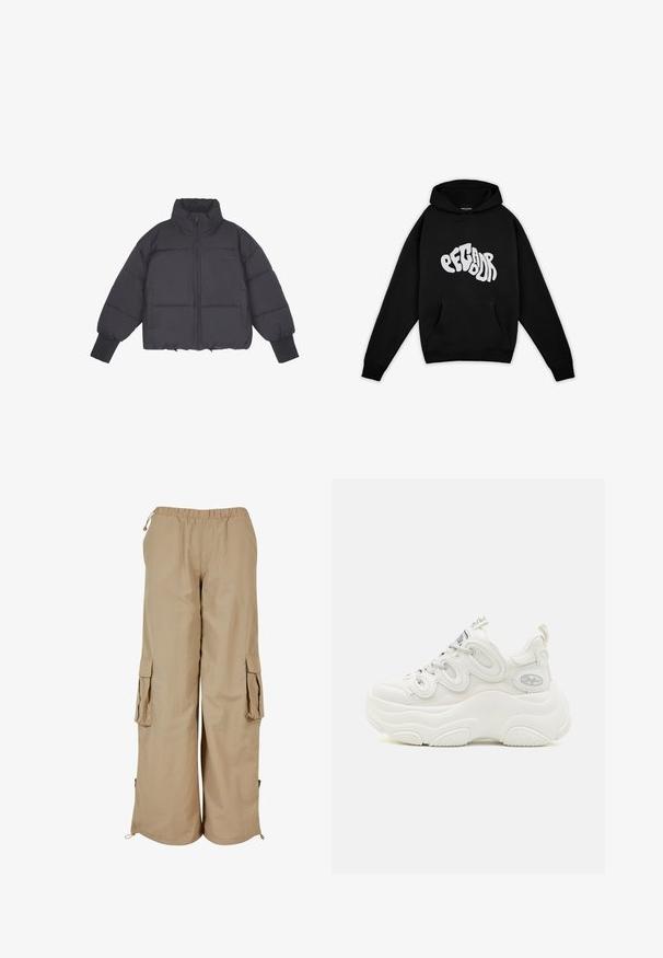 Chaqueta de plumas negra con cuello alto, cierre de cremallera en la parte frontal y puños elásticos. Presenta un acolchado estructurado y un diseño corto.; Pegador PALUMA OVERSIZED HOODIE - Sudadera - black; Pantalones cargo beige con cintura elástica, dos bolsillos laterales y detalles de malla; fabricados en un tejido ligero y texturizado.; Zapatillas deportivas blancas y voluminosas que cuentan con una parte superior de malla y sintética, forma curvada, suela texturizada y un sistema de cordones destacado con detalles del logotipo.