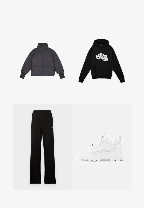 Zwarte pufferjack met hoge kraag, ritssluiting aan de voorkant en elastische manchetten. Bevat gestructureerde quiltstiksels en een cropped ontwerp.; Pegador PALUMA OVERSIZED HOODIE - Sweater - black; Zwarte geribde wijde broek met elastische tailleband en klein decoratief logo, met een gladde textuur en een full-length ontwerp.; Witte chunky sneakers met een textuur bovenkant, gevoerde kraag en dikke, gegroefde zool. Voorzien van contrasterende zwarte veters en merkaanduiding.