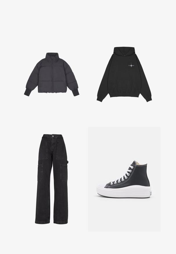 Schwarze Daunenjacke mit hohem Kragen, Reißverschluss vorne und elastischen Bündchen. Sie hat eine strukturierte Steppung und ein kurzes Design.; Pegador Kapuzenpullover - washed black; Schwarze Denim-Cargohosen mit weitem Bein, mehreren aufgesetzten Taschen und hoher Taille. Verfügt über einen Knopfverschluss und strapazierfähige Nähte.; Schwarzer High-Top Sneaker mit weißen Schnürsenkeln und Gummisohle. Verfügt über eine glatte Ledertextur und weiße Nähte als Akzente.