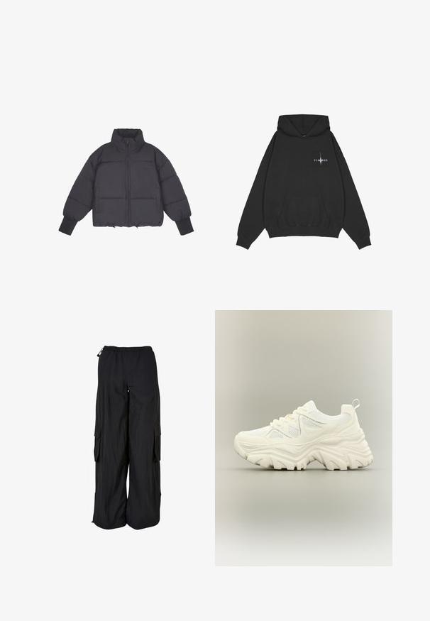 Chaqueta de plumas negra con cuello alto, cierre de cremallera en la parte frontal y puños elásticos. Presenta un acolchado estructurado y un diseño corto.; Pegador Jersey con capucha - washed black; Pantalones cargo negros de pierna ancha con cintura elástica, bolsillos laterales con solapa y cordones ajustables en la cintura y el dobladillo.; Zapatilla blanca gruesa con suela gruesa y texturizada, paneles de malla, cierre de cordones en la parte delantera y tira en el talón sobre un fondo neutro.