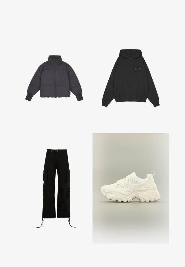 Doudoune noire avec un col montant, fermeture éclair à l'avant et poignets élastiques. Présente un matelassage structuré et une coupe courte.; Pegador Sweat à capuche - washed black; Pantalons cargo noirs à coupe décontractée, avec des poches cargo sur les côtés, des ourlets à cordon de serrage et une fermeture par bouton à la taille.; Baskets blanches épaisses avec semelle texturée épaisse, panneaux en mesh, laçage à l'avant et languette au talon sur un fond neutre.