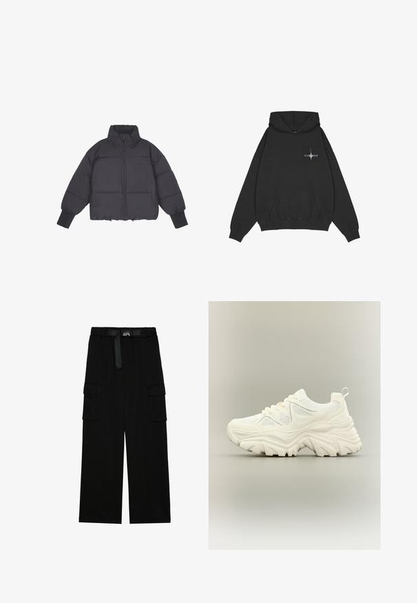 Sort pufferjakke med høj krave, lynlås i front og elastiske manchetter. Har struktureret quiltning og et cropped design.; Pegador Hættetrøje - washed black; Sorte cargo bukser med vidde ben, elastisk talje med bælte og to store sidelommer til opbevaring.; Hvid chunky sneaker med tyk tekstureret sål, mesh paneler, snørelukning foran og trækstrop ved hælen på en neutral baggrund.