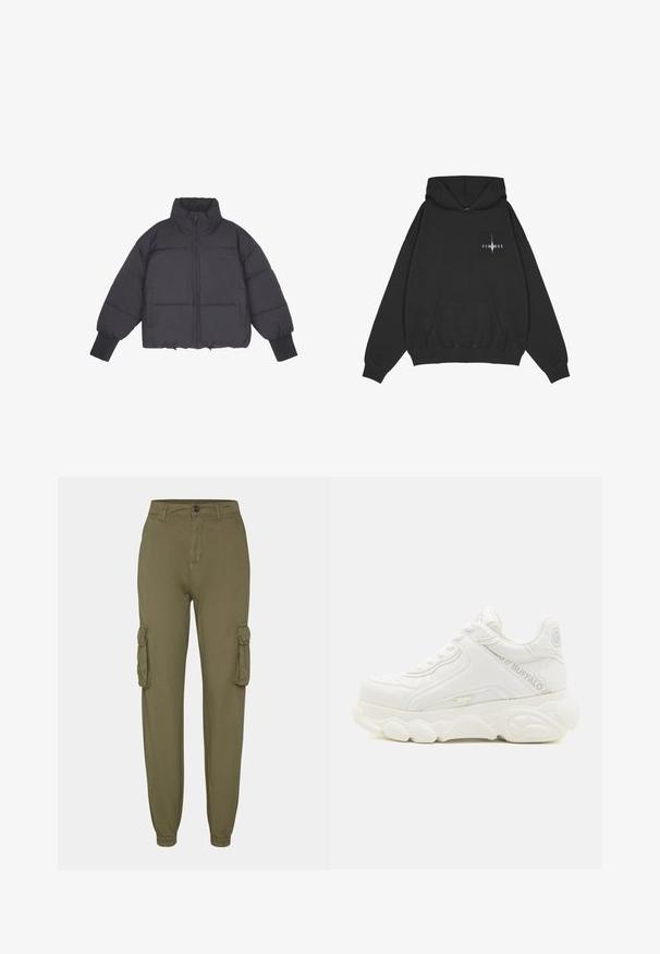 Doudoune noire avec un col montant, fermeture éclair à l'avant et poignets élastiques. Présente un matelassage structuré et une coupe courte.; Pegador Sweat à capuche - washed black; Pantalons cargo vert olive en tissu doux, dotés de deux poches latérales, de poignets élastiques et d'une fermeture par bouton à l'avant.; Basket blanche épaisse avec semelle épaisse, design à lacets, et marquage "Buffalo" sur le côté et le talon.