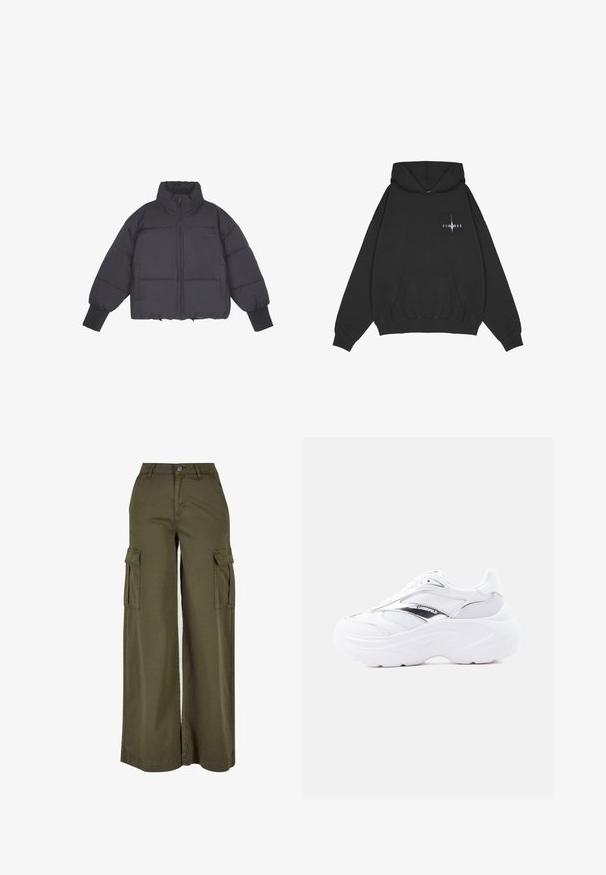 Zwarte pufferjack met hoge kraag, ritssluiting aan de voorkant en elastische manchetten. Bevat gestructureerde quiltstiksels en een cropped ontwerp.; Pegador Hoodie - washed black; Olijfgroene wijde cargobroek met twee zijzakken, gemaakt van een zachte, duurzame stof. Voorzien van gedetailleerde stiksels en een knoopsluiting.; Witte chunky sneaker met bovenzijde van mesh en leer, dikke zool, metallic zilveren detail en "Karl Lagerfeld"-branding aan de zijkant.
