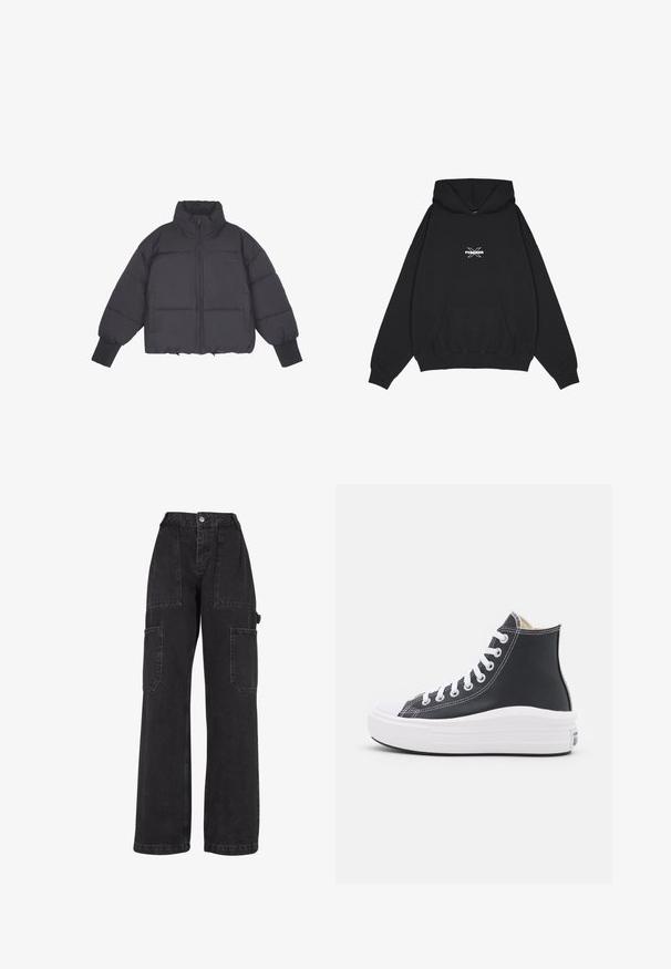 Zwarte pufferjack met hoge kraag, ritssluiting aan de voorkant en elastische manchetten. Bevat gestructureerde quiltstiksels en een cropped ontwerp.; Pegador BELLY OVERSIZED HOODIE - Hoodie - washed black; Zwarte denim cargobroek met wijde pijpen, meerdere patchzakken en een hoge taille. Beschikt over een knoopsluiting en stevige stiksels.; Zwarte high-top sneaker met witte veters en rubberen zool. Heeft een gladde leren textuur en witte stiksels.