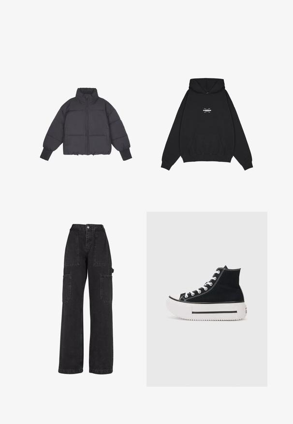 Svart puffer-jakke med høy krage, glidelås foran og elastiske mansjetter. Har strukturert quilt og en kortet design.; Pegador BELLY OVERSIZED HOODIE - Hoodie - washed black; Svart denim cargo bukser med brede ben, flere lappelommer og høy midje. Har knappelukking og solid søm.; Svarte høyhælte sneakers laget av lerret, med hvite sømmer, gummikappe, tykk hvit plattformsåle og svarte striper.