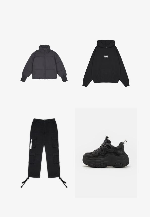 Zwarte pufferjack met hoge kraag, ritssluiting aan de voorkant en elastische manchetten. Bevat gestructureerde quiltstiksels en een cropped ontwerp.; Pegador BELLY OVERSIZED HOODIE - Hoodie - washed black; Pegador TANAMI WIDE PANTS - Cargobroek - black; Zwarte sneaker met een chunky ontwerp, voorzien van een gestructureerde bovenkant, mesh panelen en een dikke rubberen zool. Reflecterende veters en merkdetails zijn zichtbaar.