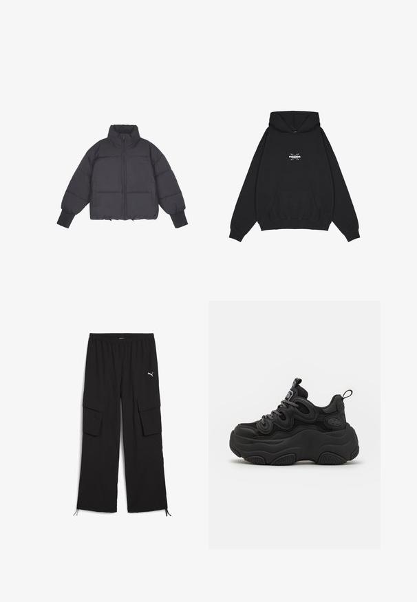 Schwarze Daunenjacke mit hohem Kragen, Reißverschluss vorne und elastischen Bündchen. Sie hat eine strukturierte Steppung und ein kurzes Design.; Pegador BELLY OVERSIZED HOODIE - Kapuzenpullover - washed black; Schwarze Cargo-Hosen mit weitem Bein, elastischem Bund, zwei Seitentaschen und Kordelzugsäumen. Mit einem kleinen weißen Logo.; Schwarzer Sneaker mit chunky Design, featuring einem strukturierten Obermaterial, Mesh-Einsätzen und einer dicken Gummisohle. Reflexionsschnürsenkel und sichtbare Markendetails.