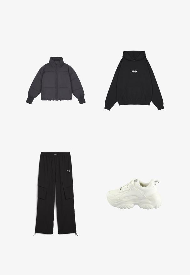 Doudoune noire avec un col montant, fermeture éclair à l'avant et poignets élastiques. Présente un matelassage structuré et une coupe courte.; Pegador BELLY OVERSIZED HOODIE - Sweat à capuche - washed black; Pantalons cargo noirs avec une conception à jambes larges, taille élastique, deux poches latérales et ourlets à cordon de serrage. Présente un petit logo blanc.; Baskets blanches avec un design chunky, une tige en synthétique lisse, un col rembourré et une semelle en caoutchouc texturé avec un motif en losange.