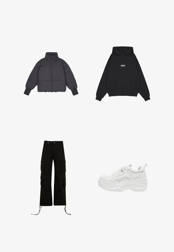 Schwarze Daunenjacke mit hohem Kragen, Reißverschluss vorne und elastischen Bündchen. Sie hat eine strukturierte Steppung und ein kurzes Design.; Pegador BELLY OVERSIZED HOODIE - Kapuzenpullover - washed black; Schwarze Cargo-Hosen mit einer lockeren Passform, ausgestattet mit Cargo-Taschen an den Seiten, Kordelzügen am Saum und einem Knopfverschluss an der Taille.; Weißer klobiger Sneaker mit dicker Sohle, Schnürung vorne, gepolstertem Kragen und Zuglasche an der Ferse.