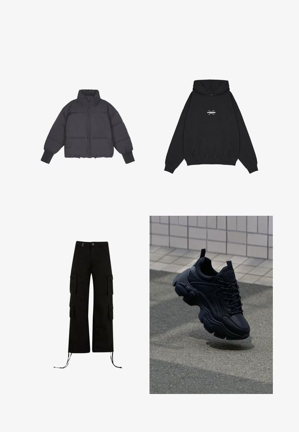 Čierna prešívaná bunda s vysokým golierom, predným zipsom a elastickými manžetami. Má štruktúrované prešívanie a skrátený strih.; Pegador BELLY OVERSIZED HOODIE - Mikina s kapucňou - washed black; Čierne cargo nohavice s voľným strihom, obsahujúce cargo vrecká na bokoch, sťahovacie lemy a gombíkovú zaťahovaciu pásku v páse.; Čierne kožené tenisky s robustným dizajnom, ktorý zahŕňa hrubú podrážku, textúrované panely a čierne šnúrky. Plávajúce nad šedým chodníkom.