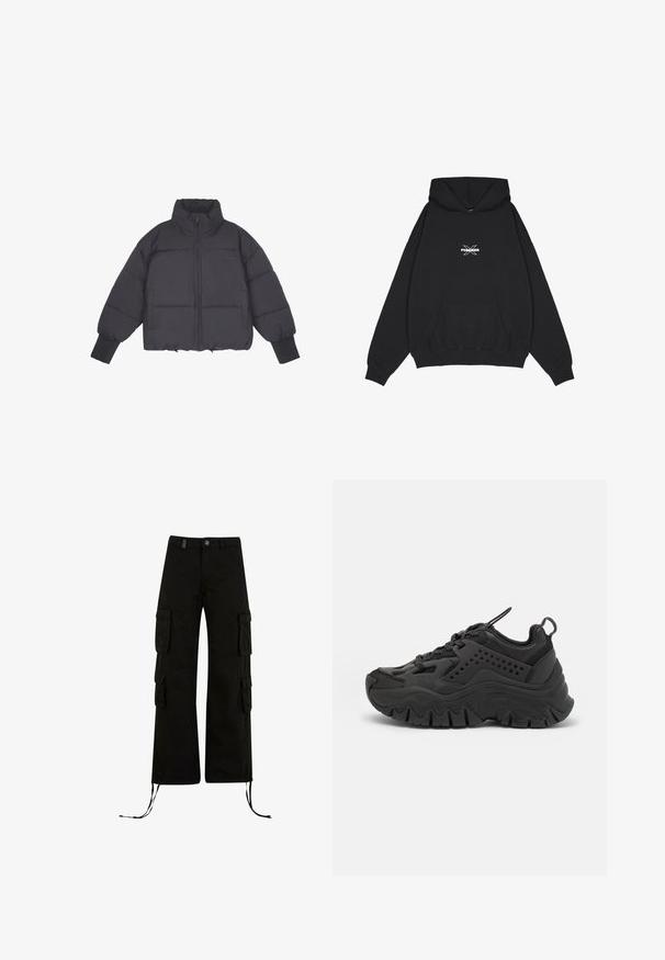 Schwarze Daunenjacke mit hohem Kragen, Reißverschluss vorne und elastischen Bündchen. Sie hat eine strukturierte Steppung und ein kurzes Design.; Pegador BELLY OVERSIZED HOODIE - Kapuzenpullover - washed black; Schwarze Cargo-Hosen mit einer lockeren Passform, ausgestattet mit Cargo-Taschen an den Seiten, Kordelzügen am Saum und einem Knopfverschluss an der Taille.; Schwarze Sneakers mit einer klobigen Sohle, glattem Synthetik-Obermaterial, durchbrochenen Akzenten und einer runden Zehenpartie. Mit Schnürverschluss und Zuglasche.