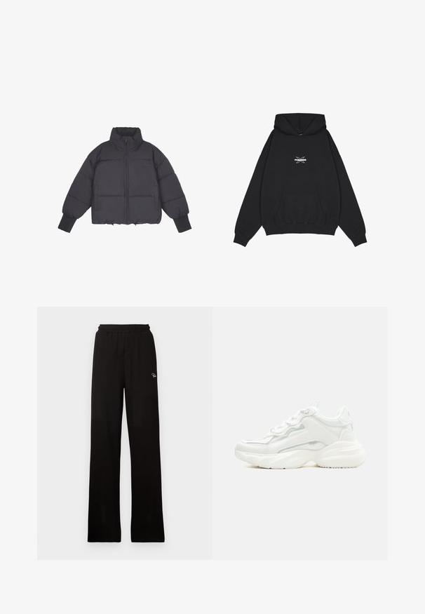 Must mustakangas jope kõrge kraega, tõmblukuga ees ja elastsete varrukatega. Omab struktureeritud tikandit ja lühikest disaini.; Pegador BELLY OVERSIZED HOODIE - Kapuutsiga pusa - washed black; Mustad ribad laiad püksid elastse vöökohtaga ja väikese dekoratiivse logoga, millel on sile tekstuur ja täispikk disain.; Valged paksud tossud paksu tallaga, esiosal paeltega ja siledast sünteetilisest materjalist pealiskihiga, peenete õmblustega.