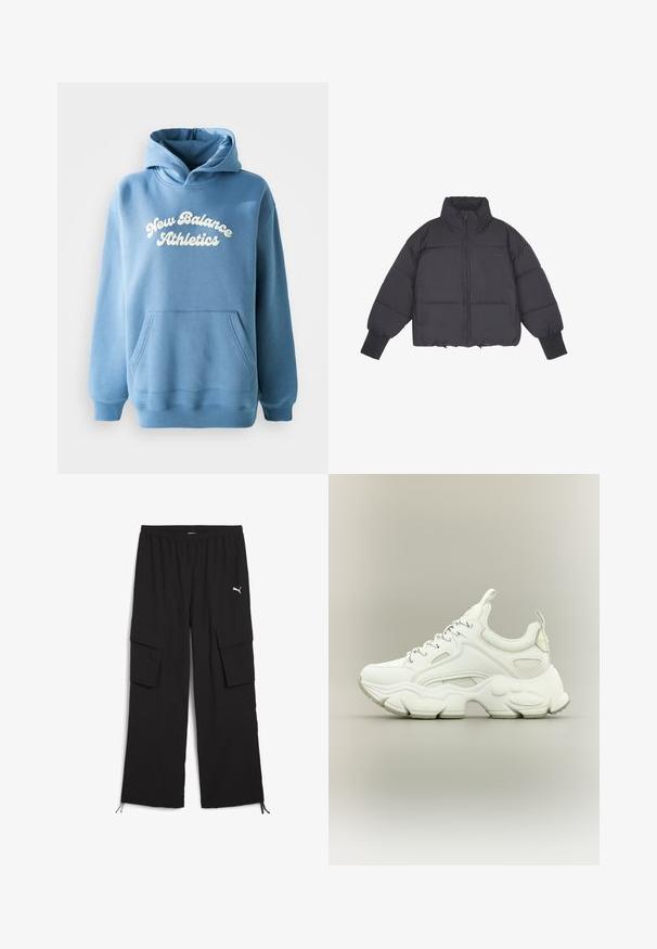 Zwarte pufferjack met hoge kraag, ritssluiting aan de voorkant en elastische manchetten. Bevat gestructureerde quiltstiksels en een cropped ontwerp.; Blauwe hoodie van een katoenmix, met een kangoeroezak en een wit "New Balance Athletics" logo op de voorkant.; Zwarte cargobroek met een wijd design, elastische tailleband, twee zijzakken en trekkoord bij de pijpen. Bevat een klein wit logo.; Witte chunky sneaker met dikke, gestructureerde zool, bovenwerk van mesh en leer, vetersluiting en treklusjes op tong en hiel.