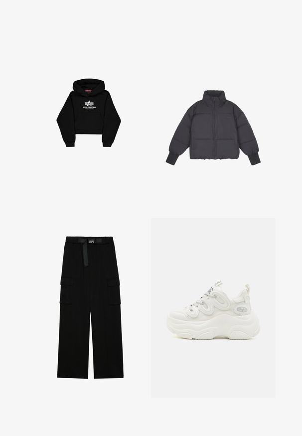 Sort pufferjakke med høj krave, lynlås i front og elastiske manchetter. Har struktureret quiltning og et cropped design.; Sort cropped hoodie lavet af blødt materiale. Har en frontlomme, ribbede ærmer og et hvidt logo print med striber på brystet.; Sorte cargo bukser med vidde ben, elastisk talje med bælte og to store sidelommer til opbevaring.; Hvide chunky sneakers med overdel i mesh og syntetisk materiale, buet form, tekstureret sål og fremtrædende snøresystem med logo detaljer.