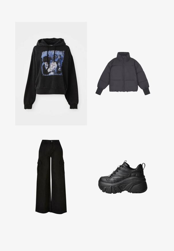Sort pufferjakke med høj krave, lynlås i front og elastiske manchetter. Har struktureret quiltning og et cropped design.; Sort cropped hoodie lavet af bomuld med snøre i hætten. Har et grafisk print i blå, der viser tegn og tekst.; Sort vidbens cargo bukser med høj talje, frontknap, lynlås, bæltestropper og klaplommer på begge lår.; Sorte plateau sneakers med en buet form, tekstureret læder, tyk gummisål og dekorativ hardware på snørerne.