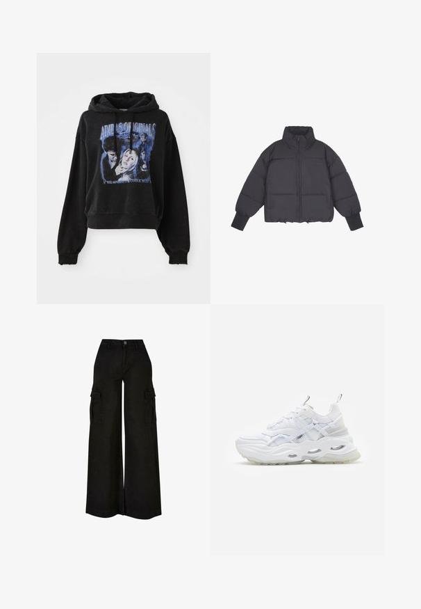 Sort pufferjakke med høj krave, lynlås i front og elastiske manchetter. Har struktureret quiltning og et cropped design.; Sort cropped hoodie lavet af bomuld med snøre i hætten. Har et grafisk print i blå, der viser tegn og tekst.; Sort vidbens cargo bukser med høj talje, frontknap, lynlås, bæltestropper og klaplommer på begge lår.; Hvide sneakers med en kraftig sål, lagdelt mesh og syntetisk overdel, med mønstrede detaljer, snøresystem og hæl-dragtag.