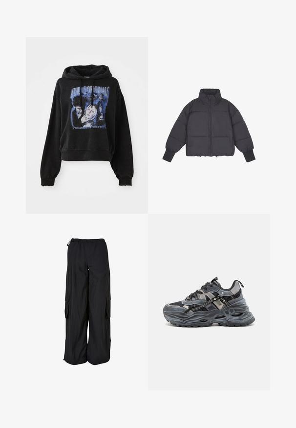 Sort pufferjakke med høj krave, lynlås i front og elastiske manchetter. Har struktureret quiltning og et cropped design.; Sort cropped hoodie lavet af bomuld med snøre i hætten. Har et grafisk print i blå, der viser tegn og tekst.; Svarte cargobukser med vidde ben, elastisk talje, sidelommer med klap og justerbare snore i talje og forneden.; Sorte og grå atletiske sko med overdel i mesh og syntetisk materiale, fremtrædende bølget sål, reflekterende accenter og flerlagsdesign.