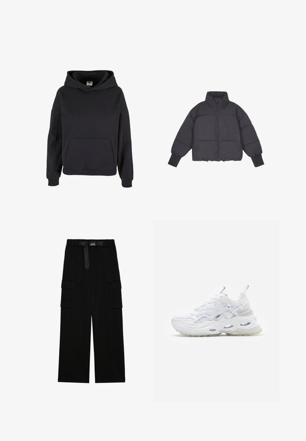 Doudoune noire avec un col montant, fermeture éclair à l'avant et poignets élastiques. Présente un matelassage structuré et une coupe courte.; Sweat à capuche noir style pullover avec poche kangourou, poignets côtelés et coupe décontractée.; Pantalons cargo noirs avec une coupe large, taille élastique avec une ceinture, et deux grandes poches latérales pour le rangement.; Baskets blanches avec une semelle épaisse, un dessus en mesh superposé et synthétique, présentant des accents à motifs, un système de laçage et une languette.