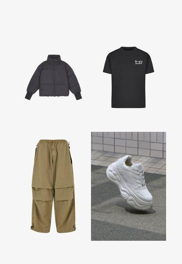 Doudoune noire avec un col montant, fermeture éclair à l'avant et poignets élastiques. Présente un matelassage structuré et une coupe courte.; T-shirt noir en coton avec un col rond. Présente du texte blanc, y compris des caractères japonais et les mots "Slurp Away" sur la zone gauche de la poitrine.; Pantalons cargo beige avec taille élastique, grandes poches avant et poignets ajustables. Fabriqués en tissu léger avec une texture lisse.; Baskets blanches en cuir avec une semelle épaisse, des détails texturés et un système de laçage. Présente des accents moulés et une finition lisse.
