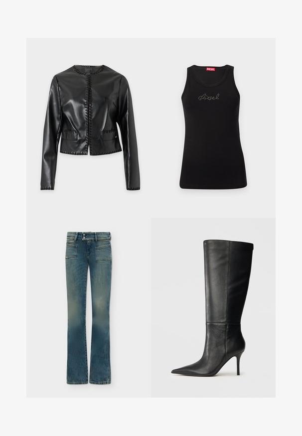 Veste noire en simili-cuir avec manches longues, encolure ronde, surpiqûres décoratives le long des bords et deux poches avant.; Débardeur noir sans manches avec logo "Diesel" en strass sur la poitrine et étiquette de marque rouge à l'intérieur de l'encolure.; Jean en denim bleu délavé avec jambes larges, poches plaquées sur le devant et double fermeture par boutons à la taille.; Botte noire en cuir, hauteur genou, avec bout pointu et talon aiguille fin, texture lisse, profil latéral sur fond neutre.