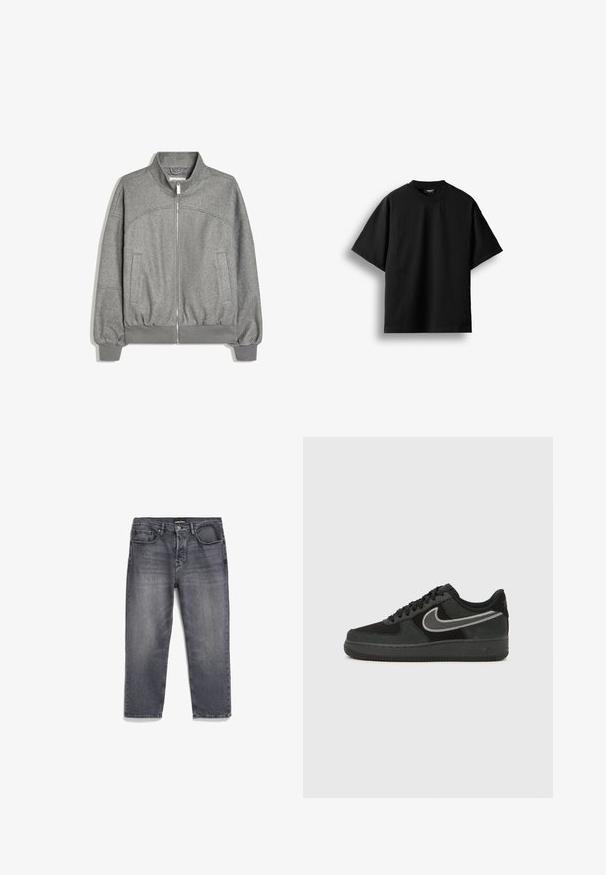 Graue Jacke mit Reißverschluss, gerippten Bündchen und Saum, hohem Kragen und zwei Vorder Taschen, flach auf weißem Hintergrund dargestellt.; Schwarzes T-Shirt mit kurzen Ärmeln und Rundhalsausschnitt, flach auf weißem Hintergrund mit sichtbarem kleinem Nackenlabel dargestellt.; Graue Denim-Jeans mit einem ausgewaschenen Finish, gerade geschnitten, mit fünf Taschen und einer leicht abgenutzten Textur.; Nike Air Force 1 Sneaker aus schwarzem Wildleder und Leder, mit silbernem Swoosh, runder Zehenpartie, Schnürdesign und strukturierter Gummilaufsohle.