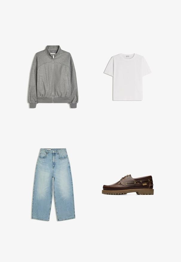 Grijs jack met ritssluiting, geribde manchetten en zoom, hoge kraag en twee voorzakken, platliggend op een witte achtergrond.; Wit katoenen T-shirt met een ronde hals en korte mouwen. Heeft een klassieke, rechte pasvorm zonder zichtbare patronen of accenten.; Lichtblauwe denim jeans met hoge taille, wijde pijpen, voorzakken, riemlussen en een knoop-ritssluiting.; Bruine leren veterschoen voor op een boot met gestikte details en een dikke rubberen zool, gezien vanaf de zijkant.