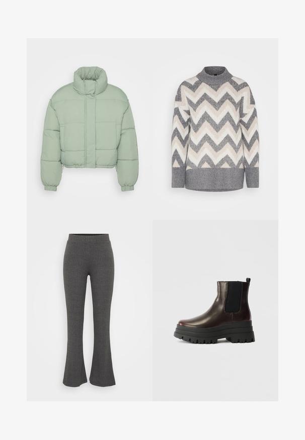 Afskåret pufferjakke i lys mintgrøn. Har en høj krave, elastiske manchetter og quiltede sektioner til isolering. Glat tekstur.; Strikket sweater i grå, beige og hvid med et chevron-mønster. Har en falsk hals og ribbede manchetter og kant for struktur og pasform.; Grå ribbet strikkede flarebukser med høj talje. Designet har teksturerede lodrette striber og en afslappet pasform ved sømmen.; Brun læder ankelstøvle med elastiske sidepaneler, chunky sort platformssål og pull tab. Har en glat overflade og robust mønster.