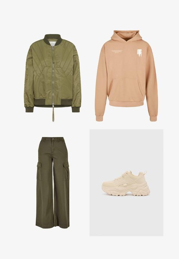 Chaqueta bomber verde oliva con cuello y puños acanalados, con detalles diagonales acolchados y cierre frontal con cremallera.; Sudadera con capucha en beige claro, hecha de una tela suave. Presenta un bolsillo frontal y un texto blanco minimalista impreso en el pecho.; Pantalones cargo anchos en color verde oliva con dos bolsillos laterales, fabricados en un tejido suave y duradero. Presentan costuras detalladas y un cierre de botón.; Buffalo GALACTICA - Zapatillas - cream
