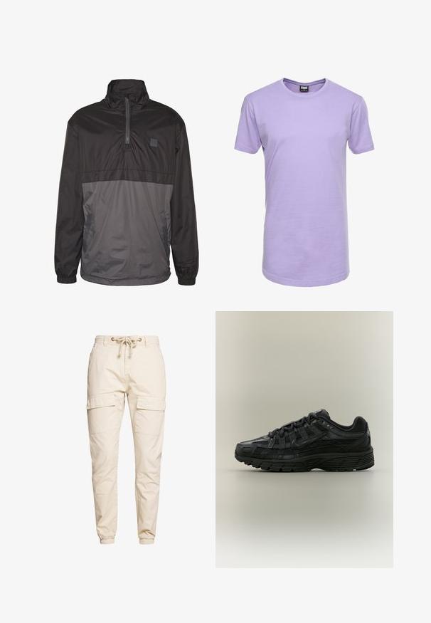 Veste pull noire et grise avec un col haut, un zip avant à mi-hauteur, des poignets élastiques et des poches latérales. Fabriquée en tissu léger et lisse.; T-shirt lilas à manches courtes en coton, avec un col rond, une coupe droite et une texture lisse au design minimaliste.; Un pantalon cargo beige en tissu léger avec une taille élastique à cordon, deux grandes poches latérales et des poignets fuselés aux chevilles.; Chaussure de course Nike noire avec tige en mesh et synthétique, fermeture à lacets et semelle texturée, vue de côté gauche sur fond uni.