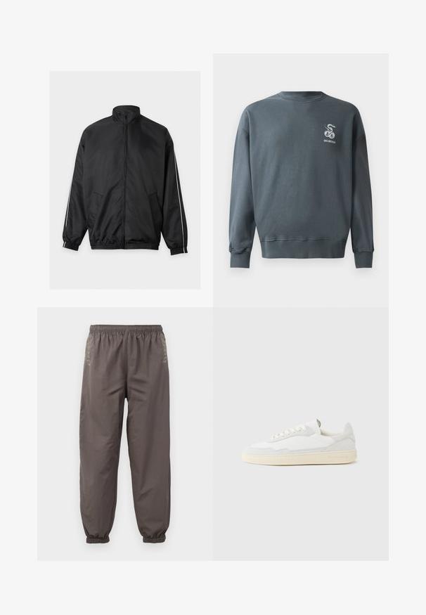 Veste noire zippée intégralement avec col montant, poignets et ourlet élastiques, poches latérales et fines bandes blanches le long des manches.; Sweatshirt en coton gris avec un col rond, des poignets côtelés et un petit logo serpent brodé sur le haut à gauche de la poitrine. Texture lisse.; Pantalons gris foncé à taille élastique avec une coupe décontractée. Présentent des poignets froncés et une broderie subtile sur les côtés. Tissu léger.; Baskets blanches avec dessus en daim et cuir texturé. Caractérisées par un bout arrondi, une fermeture à lacets et une semelle en caoutchouc beige contrastante.