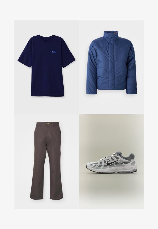 Marineblauer Daunenjacke mit hohem Kragen, vorderem Reißverschluss und gestepptem Design. Mit Logo auf der linken Brustseite.; Hemd aus navyblauem Baumwollstoff mit Rundhalsausschnitt, kurzen Ärmeln und einem kleinen rechteckigen Markenetikett in Blau und Weiß auf der linken Brust.; Braune, geradegelegte Baumwollhosen. Mit einem Knopfverschluss vorne, Gürtelschlaufen und Seitentaschen. Einfaches, sauberes Design.; Weißer und grauer Nike P-6000 Sneaker mit schwarzem Swoosh, Netzpaneelen und strukturierter Sohle, seitlich auf neutralem Hintergrund dargestellt.