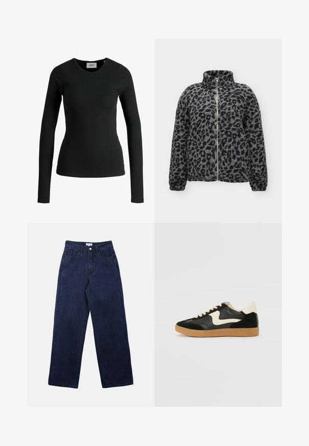 Veste en peluche imprimé léopard gris et noir avec fermeture éclair intégrale à l'avant, col haut, manches longues et poignets élastiqués.; T-shirt à manches longues noir en tissu côtelé extensible avec un col rond. Présente une construction sans coutures et un design ajusté.; Pantalons en denim bleu foncé avec une coupe droite, dotés d'une fermeture à bouton à l'avant, de passants de ceinture et de deux poches avant.; Baskets en daim et cuir noir avec un swoosh latéral crème et un talon crème clair. Dotées de lacets beige et d'une semelle en caoutchouc gomme.